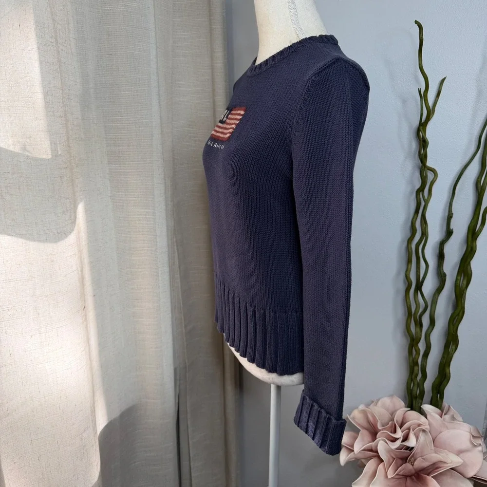 Vintage Polo Jeans Ralph Lauren USA Flag Knit Sweater Navy Blue Women's Medium - Picture 3 of 8
